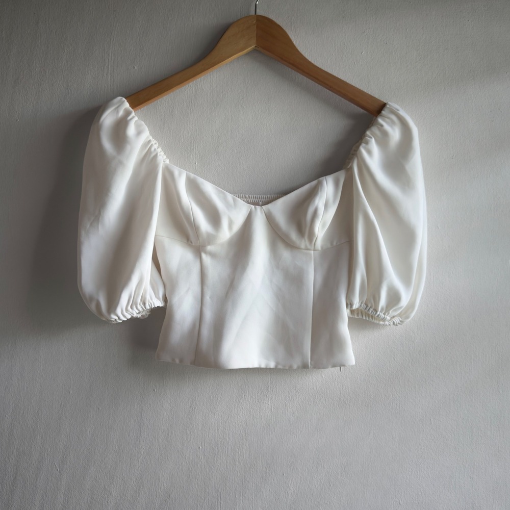 Wilfred Novella Puff Sleeve Blouse Women 2XS Light Birch Cream Bustier Top NWT